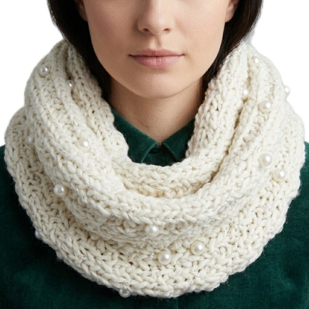 White Ivory Infinity Scarf Large Pearls Silver Threads Chunky Knit Cozy Winter
